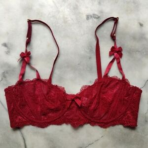 EUC Varsbaby Red Floral Lace Mesh Balconette Unlined Bra, Sz 36B